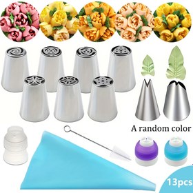 Resim 13 adet Paslanmaz Çelik Pişirme Hamur Seti, Çiçek Paketleri Kek Süsleme Uçları, Dönüştürücüler ile Piping Çantaları, Gıda İle Temas Güvenli, Rastgele Renk 