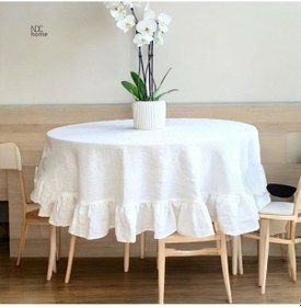 Resim Dnc Home Tekstil Premium Beyaz Keten Fırfırlı Yuvarlak Masa Örtüsü 001 