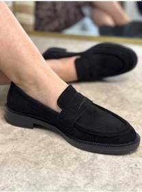 Resim Günlük Kadın Düz Loafer Klasik Desenli Taban Zincirli Oval Burunlu Makosen Sade Şık Ayakkabı 130 Siyah- Süet 
