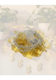 Resim Pilli Ramazan Işıkları Altın Renk Fener Figürlü Led Süsleme Beyaz 