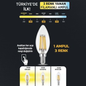 Resim Heka 3 Renkli LED Filament Rustik Ampul 6W E14 C35 