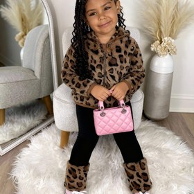 Resim 1-6 Yaş Kız Çocukları İçin 2 Parça Set, Leopar Desenli Fermuarlı Polar Ceket ve Düz Renk Örgü Pantolon Kombini, Sonbahar/Kış Mevsimi için Uygun, Dış Mekan Kullanımına Mükemmel 