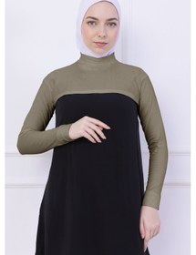 Resim Loggia Balıkçı Yaka Boyunluklu Kolluk Açık Yeşil - Likralı Dik Yakalı Kadın Body Tesettür Crop Bolero Açık Yeşil 