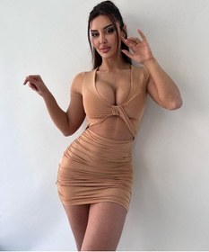 Resim Pink Life Bej V Yaka Hollow Out Wrap Hip Kısa Kollu Mini Elbise-bej Bej 