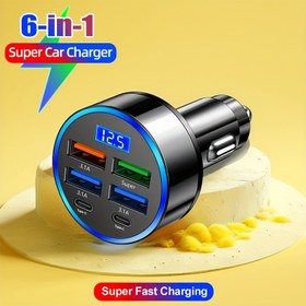 Resim 1 adet, 6'lı 1 USB + Tip-C Hızlı Şarj Araba Cep Telefonu Şarjı - QC3.1, LED Ekranlı - Çift Güç Adaptörü, QC3.1 Hızlı Şarj, Akıllı Telefonlar ve Tabletlerle Uyumlu, Araba Fişi, Taşınabilir Araç Şarjı 