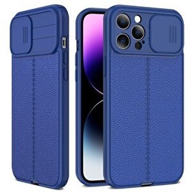 Resim Teleplus iPhone 14 Pro Max Lensi Kamera Korumalı Deri Dokulu Silikon Lacivert Kılıf 