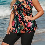 Resim 1pc Şık Plus Beden Tankini Mayo Seti, Çiçek Yaprak Baskısı, Yüksek Esnek Polyester Örgü Kumaş, Ruched Göğüs Detayı, Kadınlar İçin Kirpik Takımları 