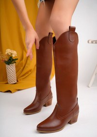 Resim Favi Ayakkabı Taba Deri Dizaltı Fermuarsız Western Tarzı Günlük Kadın Çizme 