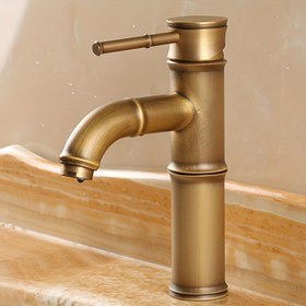 Resim Klasik Şıklık, Bambu Saplı Vintage Tarzı Tam Bakır Mutfak Musluğu - Sıcak ve Soğuk Su, Tek Kollu, Karavanlar ve Ev Kullanımı için 360° Dönebilen Ağızlık 