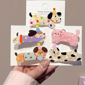 Resim Köpek ve kedi tasvirli farklı stillerde 5'li sevimli parti saç tokası seti, yan saç şekillendirme için ördek gagalı klipsler kullanmaya uygun 