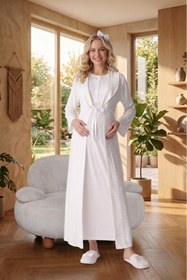 Resim Lohusa Homewear Yeni Sezon Ekru Hamile Yazlık Şal Yaka Jakarlı Tam Boy Şık Dantelli Kısa Kol Sabahlık Gecelik Seti 
