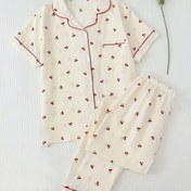 Resim Kiraz Desenli Pijama Takımı, Kısa Kollu Düğmeli Üst ve Elastik Bel Bantlı Pantolon, Kadın Pijama ve Ev Giyimi 