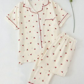 Resim Kiraz Desenli Pijama Takımı, Kısa Kollu Düğmeli Üst ve Elastik Bel Bantlı Pantolon, Kadın Pijama ve Ev Giyimi 
