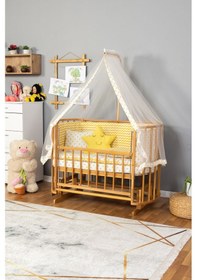 Resim Ahşap Beşik Anne Yanı Beşik Sallanır Beşik Doğal Vernikli 60x120 Sarı Yıldız Uyku Seti Yatak Ahşap 