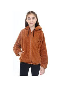Resim Toontoy Kız Çocuk Kapüşonlu Fermuarlı Cepli Reglan Kol Peluş Hırka Kiremit 
