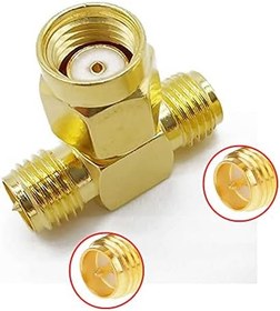 Resim SMA T Soket 1x Rpsma Erkek 2x Rpsma Dişi Altın Kaplama Soket 0-6GHz RF Wi-Fi Anten FPV Lora Helium Router Modem Koaksiyel GPS GSM GPRS 