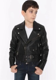 Resim Deriwork Hakiki Deri Siyah Yandan Fermuarlı Kemer Detaylı Erkek Çocuk Deri Mont Siyah 