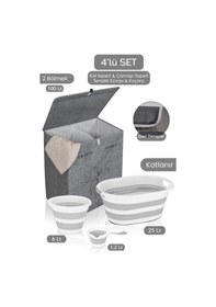 Resim Keçe 2 Gözlü Çamaşır Sepeti Gri 53x33x60cm-25lt Katlanır Çamaşır Selesi-su Kovası-maşrapa 4'lü Set Gri 