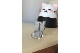 Resim Gri Kedi Sevimli Hareketli Çanta Süsü / Anahtarlık 