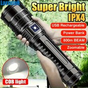 Resim 1pc LarmTek Yüksek Güçlü Zoomlu El Feneri, 3000 Lumen Süper Parlak Beyaz Lazer, USB Şarj Edilebilir 6000mAh Batarya, COB Kuyruk Işıkları, 4 Mod, 200m Menzil, Alüminyum Alaşım LED Fener, El Askısı ve Tip-C ile, Su Geçirmez Değil 