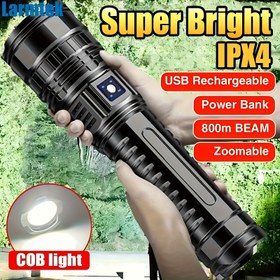 Resim 1pc LarmTek Yüksek Güçlü Zoomlu El Feneri, 3000 Lumen Süper Parlak Beyaz Lazer, USB Şarj Edilebilir 6000mAh Batarya, COB Kuyruk Işıkları, 4 Mod, 200m Menzil, Alüminyum Alaşım LED Fener, El Askısı ve Tip-C ile, Su Geçirmez Değil 