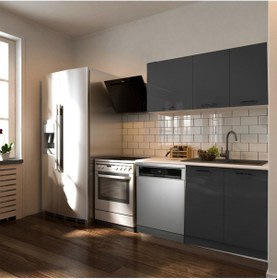 Resim Hima Hazır Mutfak Dolabı 140 Cm- Parlak--beyaz Laminat Tezgah Dahil-bulaşık Makinesi Yeri Mevcut Antrasit 