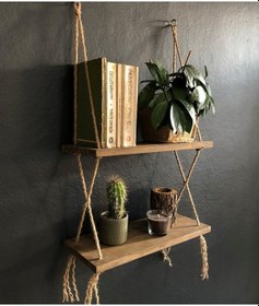 Resim O&Awood Halatlı Doğal Ahşap Dekoratif Duvar Rafı, 2 Katlı Ahşap Çiçeklik, (497953687) 