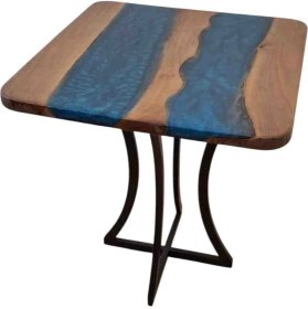 Resim Epoksi Ceviz Ahşap Mavi Masa Metal Ayaklı 55X55 