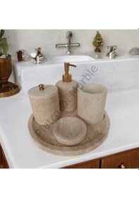 Resim Sarı Traverten Klasik Model 5 Parça Mat Gold Renk Düğme Aksesuarlı Banyo Seti Sarı Traverten 
