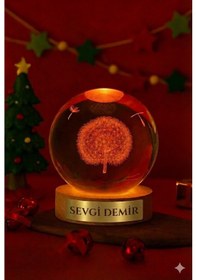 Resim Kişiye Özel 3d Karahindiba Temalı Kristal Küre Led Gece Lambası Usb'li Ahşap Standlı Led Lamba 