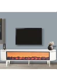 Resim Talia Şömineli Tv Sehpası Beyaz Gümüş Mebran Bluetooth Hoparlörlü 7 Renk Efektli 160x40x50 Cm 