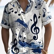 Resim Erkekler için Canlı Müzik Notu Baskılı Hawai Gömleği - Günlük Kısa Kollu, Hafif Polyester, Göğüs Cebi ile Düğmeli, Yaz Plajı ve Tatil Köyü Giyimi için İdeal 