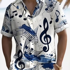 Resim Erkekler için Canlı Müzik Notu Baskılı Hawai Gömleği - Günlük Kısa Kollu, Hafif Polyester, Göğüs Cebi ile Düğmeli, Yaz Plajı ve Tatil Köyü Giyimi için İdeal 