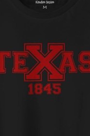 Resim Unisex T-shirt Spor Texas 1845 Collage Yazı Siyah Baskılı Tişört 