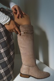 Resim POLKA STORE Daily Düz Tabanlı Tak-Çıkar Kemerli Tokalı Binici Çizme Kadın Ayakkabı Acı Kahverengi 