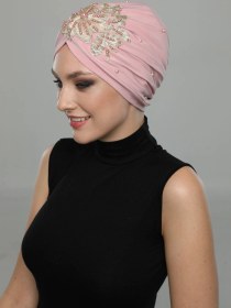 Resim Elysianfidan Kopma Astarlı Işlemeli Pudra Sarı Dantel Motifli Hazır Türban Tesettür Abiye Bone Pudra Sarı 