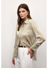 Resim Sateen Geniş Manşetli Gömlek - Sarı-136907 sarı 