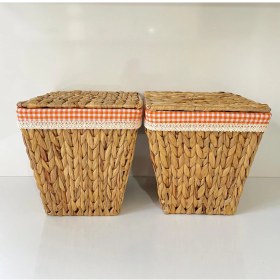 Resim Beyaz Atölye 2li Turuncu Renkli Iç Korumalı Hasır Kapaklı Çok Amaçlı Patates ve Soğan Sepeti 