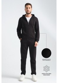 Resim Shooter Sportswear Shooter Erkek Kışlık Eşofman Takımı Thermosoft Teknolojisi İçi Kuzu Görünümlü Regular Kalıp Minimal Logo Kapüşonlu Siyah 