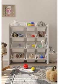 Resim 12 Sepetli Çok Amaçlı Oyuncak Dolabı Montessori Dolap Beyaz 