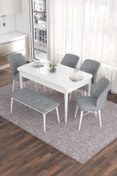 Resim Canisa Concept Eva Serisi, 80x132 Açılabilir Mdf Mutfak Masa Takımı, Beyaz Masa, 4 Gri Sandalye Ve 1 Bench 