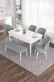 Resim Canisa Concept Eva Serisi, 80x132 Açılabilir Mdf Mutfak Masa Takımı, Beyaz Masa, 4 Gri Sandalye Ve 1 Bench 