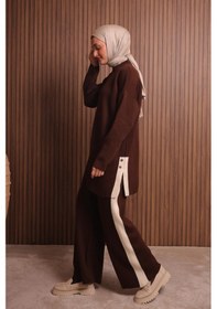 Resim Balenbi Kadın Oversize Düz Dokuma Yırtmaçlı Tesettür Triko Takım 1136 Kahverengi 