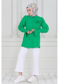 Resim Sevitli Gül Broşlu Kolu Fırfırlı Tunik-benetton Yeşili-3605-benetton Yeşili Benetton Yeşili 