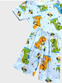 Resim Aliş Kids Erkek Çocuk Pamuklu Mavi Renk Dinozor Desenli Kısa Kollu Şortlu Yazlık Pijama Takımı 
