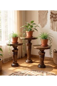 Resim ASELYA HOME Doğal Ahşap 3’lü Set Mantar Yan Sehpa Modern Fiskos Zigon Çiçeklik 