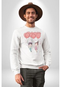 Resim Sevgili Balon Aşk Salıncak Sevgililer Günü Unisex Beyaz Baskılı Sweatshirt Beyaz 