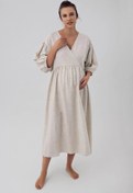 Resim Keten Yarım Balon Kol Kruvaze Hamile Elbise K102 - Bej / 2XL 