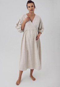Resim Keten Yarım Balon Kol Kruvaze Hamile Elbise K102 - Bej / 2XL 
