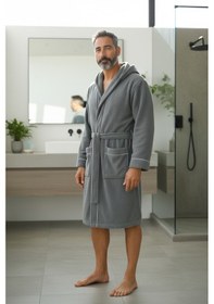 Resim % 100 Pamuklu Laodikeia Kapşonlu Unisex Kadın Erkek Bornoz Gri 